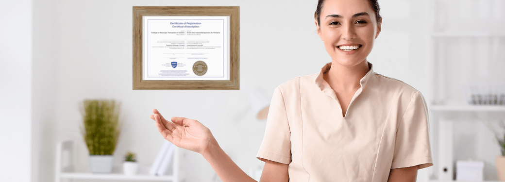 An RMT/MT in a beige uniform sits with one hand raised, with a framed Certificate of Registration from the College of Massage Therapists of Ontario on the wall behind.