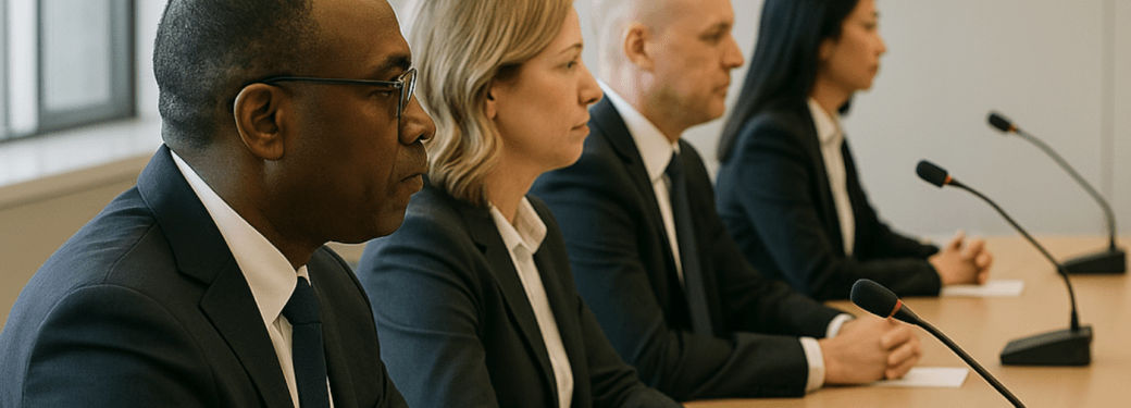 Four people in business attire at a conference table with microphones, in a formal meeting room.