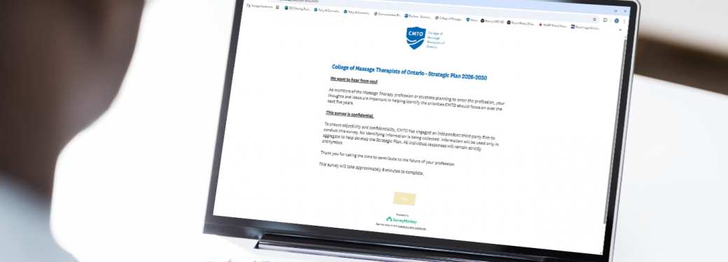 Person viewing the CMTO Strategic Plan 2023–2026 survey on a laptop.