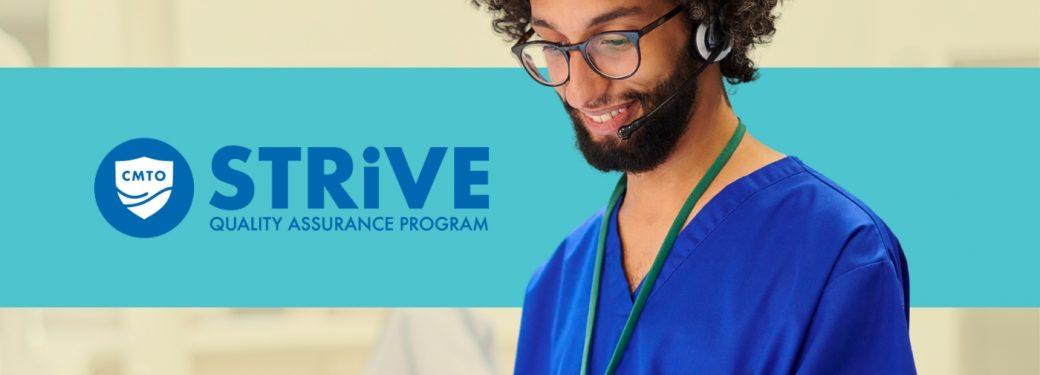 Registered Massage Therapist in blue scrubs with headset smiling at computer; text reads “CMTO STRiVE Quality Assurance Program”.