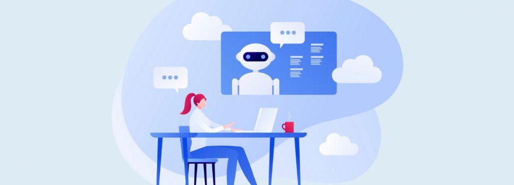 Illustration of person at desk using laptop with robot on screen and speech bubbles.