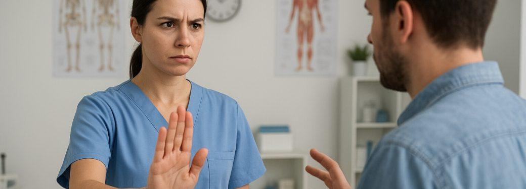 Registered Massage Therapist in blue scrubs holding up open hand toward another person.