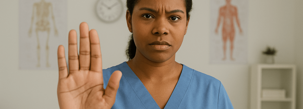 Registered Massage Therapist in scrubs holding up open hand toward camera.