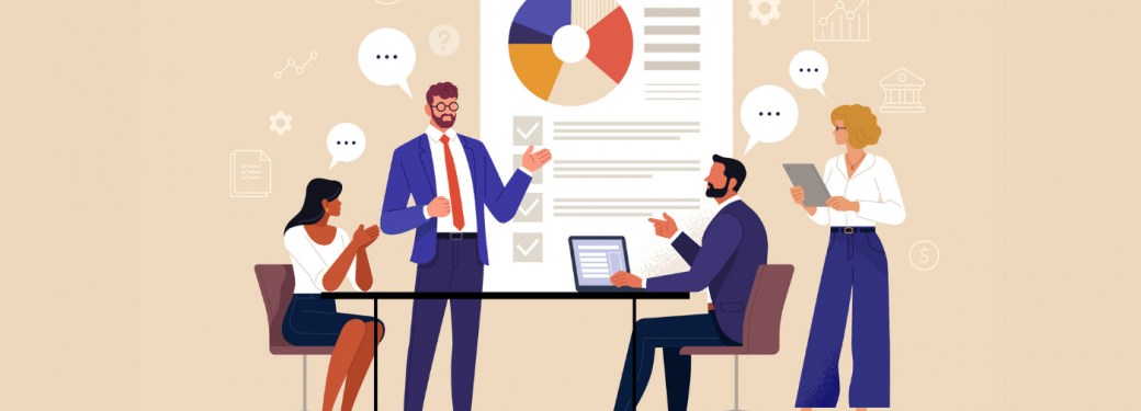 Illustration of four people in meeting with charts and graphs on large display.