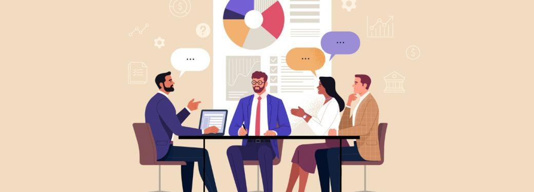 Illustration of four people discussing at table with charts and graphs in background.