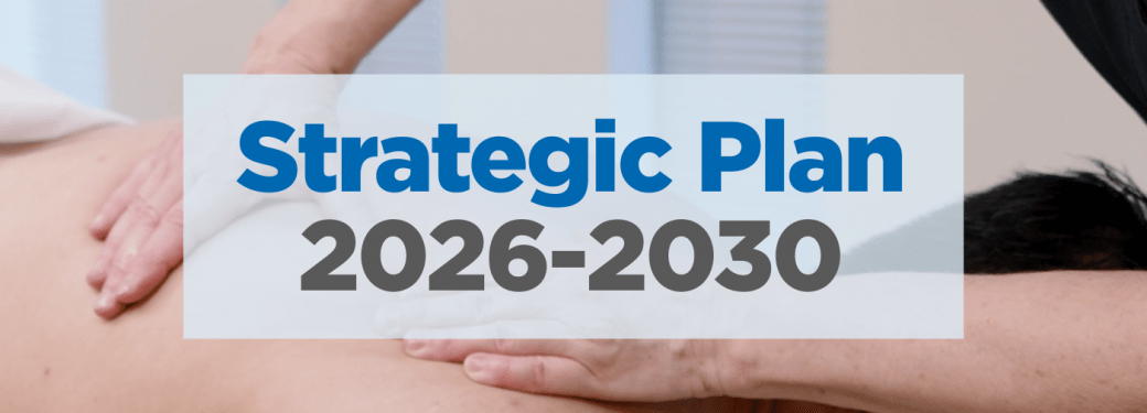 A Massage Therapist providing treatment to a client in the background with the heading "Strategic Plan 2026-2030".